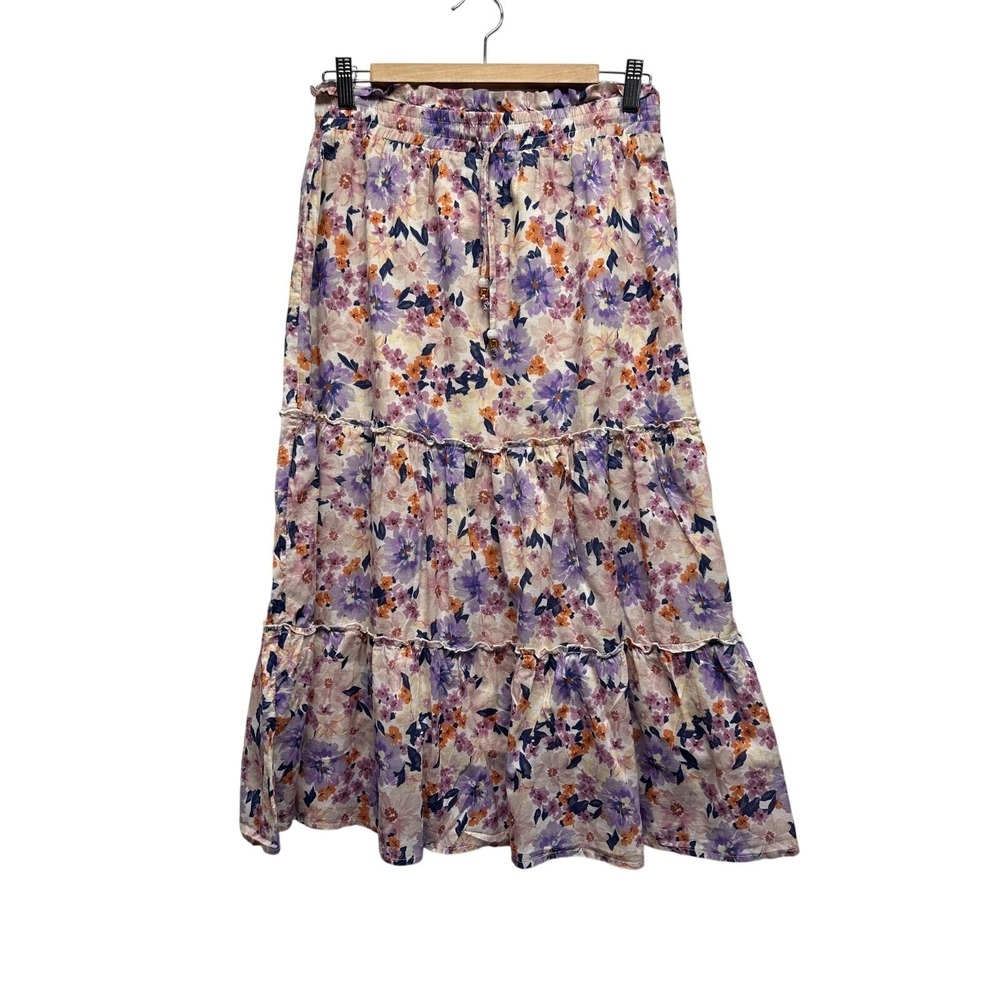 Heartloom Floral Tiered Midi Skirt Women's Small 100% Cotton Boho Spring